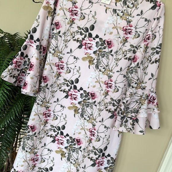 NWOT Femina Flaunt Pale Pink Floral Shift Dress 3/4 Ruffle Sleeves Boat Neck - Picture 7 of 15